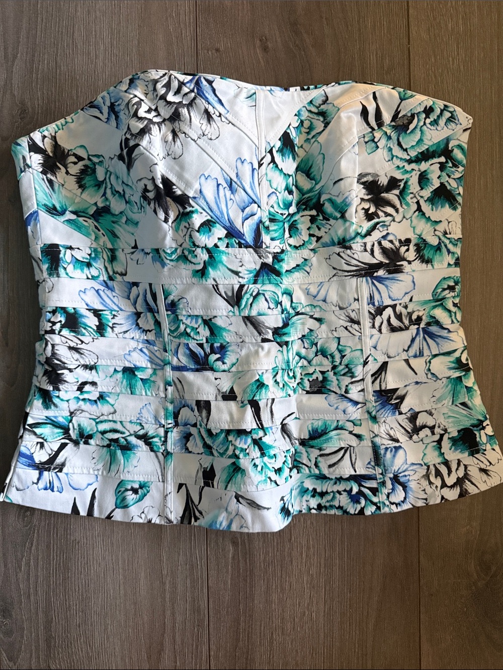 White House Black Market White Floral Strapless Bustier with Teal & Blue Accents